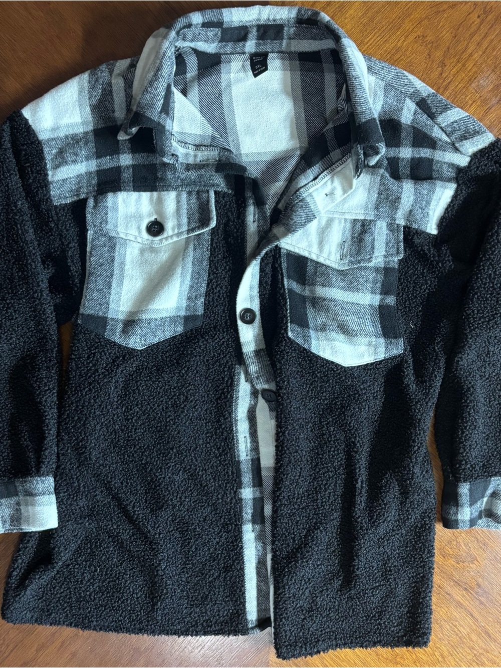 SHEIN Black and White Plaid Sherpa Button Jacket